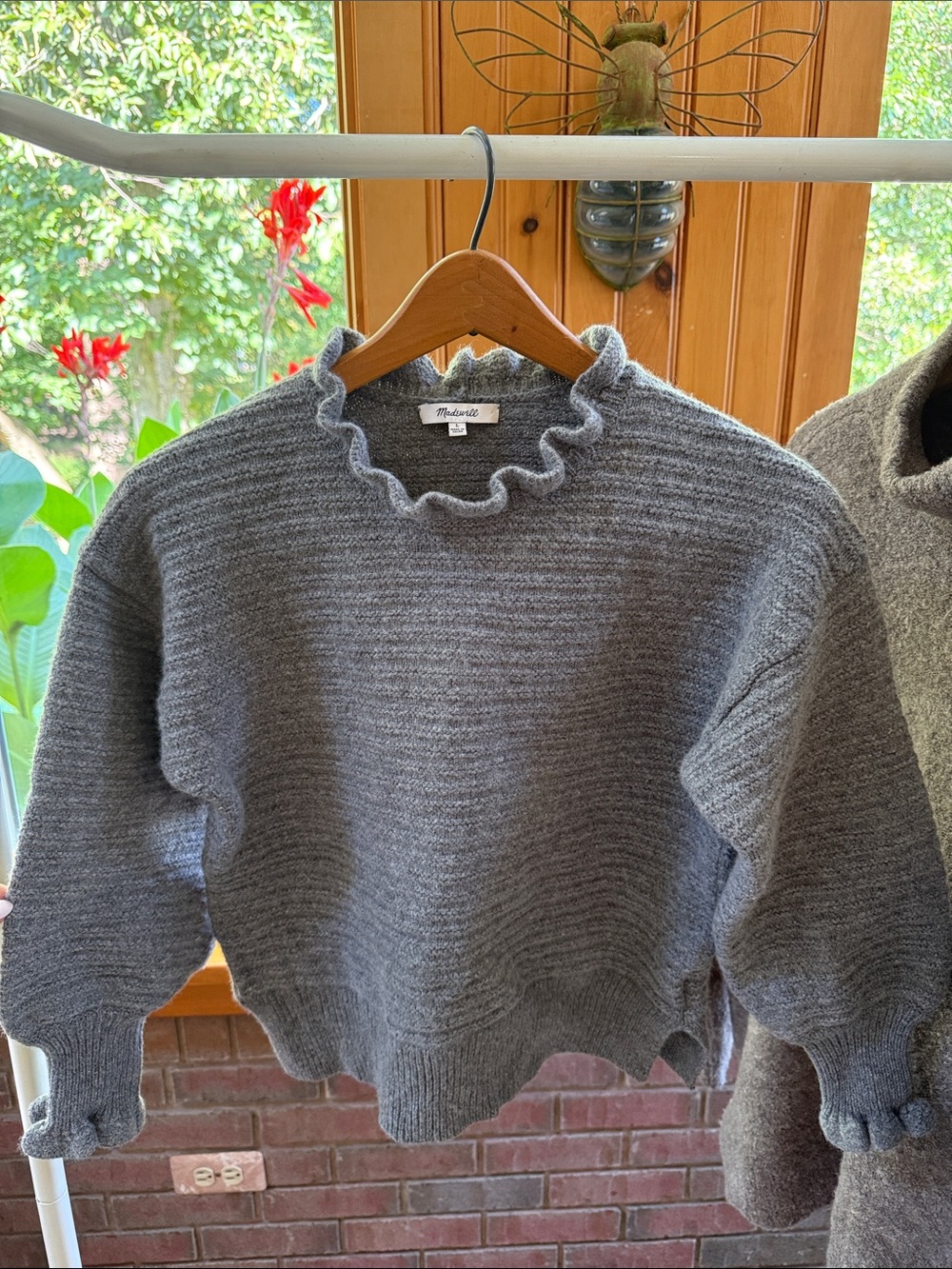 Madewell Gray Ruffle Neck Wool & Cotton Sweater